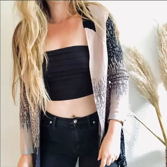 GYPSY 05 REVOLVE Global Village Black Tan Cream Printed Open Cardigan Sweater M - Picture 2 of 6